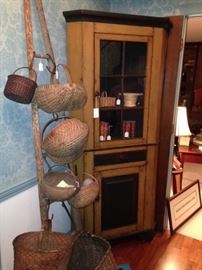 Ladder, baskets, painted corner cupboard
