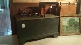 James Gheen blanket chest, old print, toy wagon, miniature drop leaf table