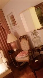 LAMPS, DINING ROOM CHAIR AND ANTIQUE TABLE