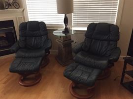 Teak and Leather Scandinavian recliner chair. Two in Dark Green