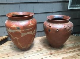 Two of Four Large Decorated Sasak Clay Pots, Lumbok, Indonesia, 33", 35", 37", & 41"H