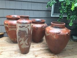Four Large Decorated Sasak Clay Pots, Lumbok, Indonesia, 33", 35", 37", & 41"H