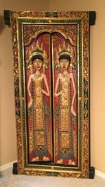 Figural Carved Double Door in Frame, Polychrome & Gilt, Ubud Bali