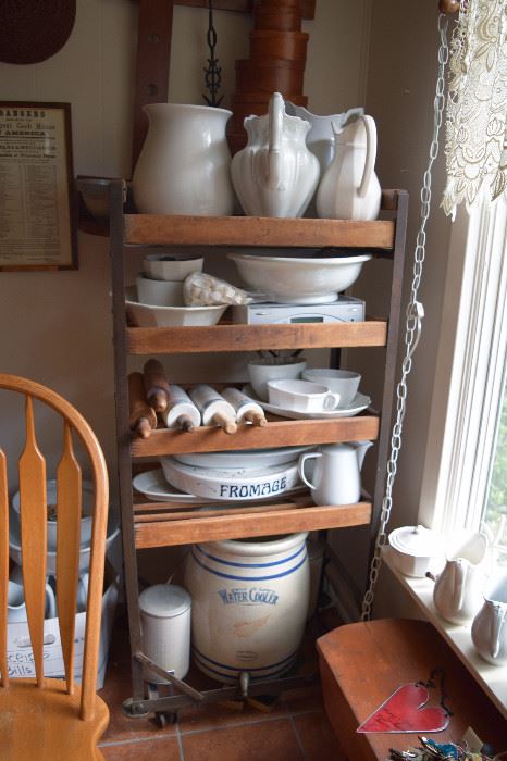 Red Wing Water Cooler, RARE Fromage Brie Cheese tray, rolling pins, pitchers, basins