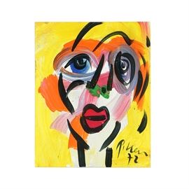 Peter Robert Keil Abstract Oil Portrait on Board of Woman: An abstract oil painting on board of a woman by listed German-born artist Peter Robert Keil (b. 1942), created in 1972. Abstracted to simplified lines and brushstrokes, this portrait features a frontal view of a woman’s face. The subject is portrayed with Keil’s signature style consisting of sweeping black outlines and vibrant colors applied in large gestural brushstrokes. The painting is signed and dated to the lower right and it remains unframed.