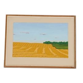 Roger Laux Nelson Oil Painting Study "Late September": An oil painting study on paper for Late September by listed American artist Roger Laux Nelson (b. 1945), created in 1978. The painting depicts a rolling yellow field with green grass and trees in the distance. The painting is titled in pencil to the lower left and signed and dated “4/24/78” in pencil to the lower right. There is a BR Kornblatt Gallery label to the verso. Presented behind glass in a wooden frame and float mounted on white.