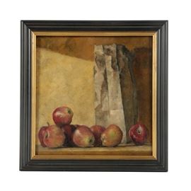 Attributed to Seymour Remenick Oil Painting on Board Still Life: A varnished oil painting on board of a still life attributed to Seymour Remenick (1923-1999). This piece depicts multiple red apples contiguous to a paper bag on a wooden surface against brown tonalities in the background. This painting is unsigned by the artist. Presented without glass, housed in a wood frame with a dark finish and a gilt interior border.