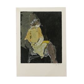 Itzchak Tarkay Limited Edition Lithograph "Seated Woman with Hat": A limited edition color lithograph on Fabriano paper of an abstract figural scene titled Seated Woman with Hat by well-listed Serbian-Israeli artist Itzchak Tarkay (1935-2012). The work depicts a full-length view of a seated figure. Number 150 in an edition of 350, the print is numbered with its edition and signed by the artist to the lower margin, in graphite. Marked with a publishing blind stamp to the lower left corner, “Givon Prints Publishers”. Papermill water mark along the upper margin. Unframed.
