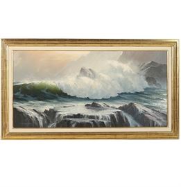 Ronald Moreton Oil Painting on Board "Pounding Surf": An oil painting on board titled Pounding Surf by Ronald Moreton. The work depicts waves crashing on large protruding rocks with a hazy mountainous background. To the verso, the piece is titled and signed by the artist in black marker. Presented in a gold-tone wood frame with a linen mat.