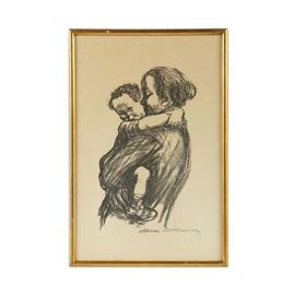 Offset Lithograph After Käthe Kollwitz's Original Drawing "Mother & Child": An offset lithograph on paper after an original charcoal drawing titled Mother & Son by well-listed German artist Käthe Kollwitz (1867-1945). This work features a mother holding a young boy in her arms. Both figures smile as they embrace and the boy looks off to the left. The artist’s in-plate signature is marked to the lower right. It is presented under glass in a simple gold-tone wood frame.