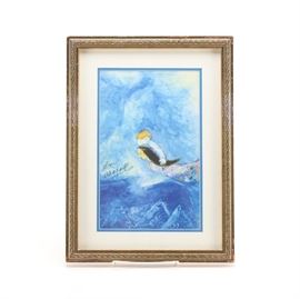 "Aleko and Zemphira by Moonlight" After Marc Chagall Offset Lithograph: An offset lithograph on paper after the original painting titled Aleko and Zemphira by Moonlight by listed artist Marc Chagall (1887-1985). The cropped composition of this print depicts the stage setting study for the backdrop of Scene I for the ballet Aleko.The piece is signed by an unknown hand to the center left of the field. It is presented behind blue lined white mat behind glass in a gold tone frame. There is a certificate of authenticity with this work.