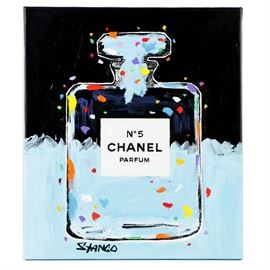 John Stango Mix Media on Canvas of Chanel in Blue: A silk screen with acrylic embellishments of a Chanel bottle in blue by listed Contemporary artist John Stango (b. 1958). This works depicts a screen print of a Chanel N°5 perfume bottle.The canvas is painted in blue acrylic along the bottom as well as the upper portion of the bottle. Flecks of acrylic paint in blue, orange, yellow are scattered throughout the composition. This piece is signed in black paint in the lower left and to the verso in black ink. To the verso, a horizontal hanging wire is present and this piece comes ready to hang. For a coordinating piece please view item number 16NYC025-172.