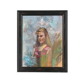 Oil Portrait on Canvas of Blonde Woman: An oil painting on canvas of a blonde woman. The work depicts a woman from the waist up with blonde hair and a downward gaze. Her body fades into an abstracted background. It is signed “Doyle” to the lower right. Presented without glass in a painted wooden frame.