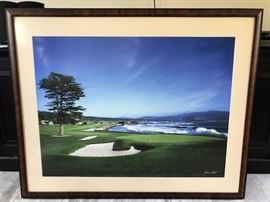 Beautifully framed Signed Joan Dost photograph/print of the 18th Hole at Pebble beach. Wood Shipping crate included