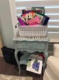 One of two Green painted tables, Creative Memories supplies