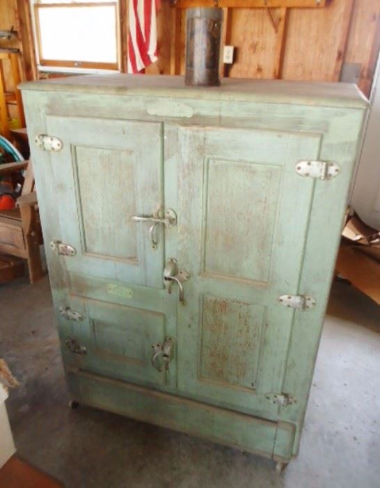 Painted green Ice Box, very nice inside, bead board back, dated 1917!