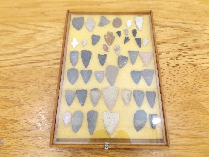 Collection of 43 Antique Handcrafted Stone Arrowheads in Small Display Case
