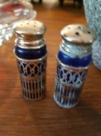 Vintage Sterling Silver and cobalt blue glass salt and pepper shakers. 