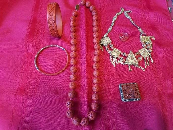 Cinnabar Bracelets, Necklace, Pin and Ring. Necklace from Israel. 