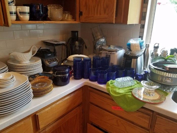 Cobalt Blue Glassware, Bakeware and Dishes, Small Appliances. Ninja, Cusiniart processor, Cusiniart Ice Cream Maker