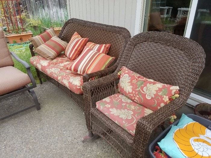 Fabricated Rattan Love Seat and Rocker. Outside Decorator Pillows