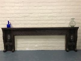 Mission fireplace carved lumber