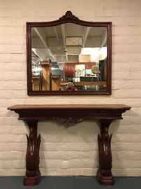 Oak fireplace and mirror, carved swan pilasters