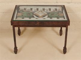 Iron frame table with fired clay frieze