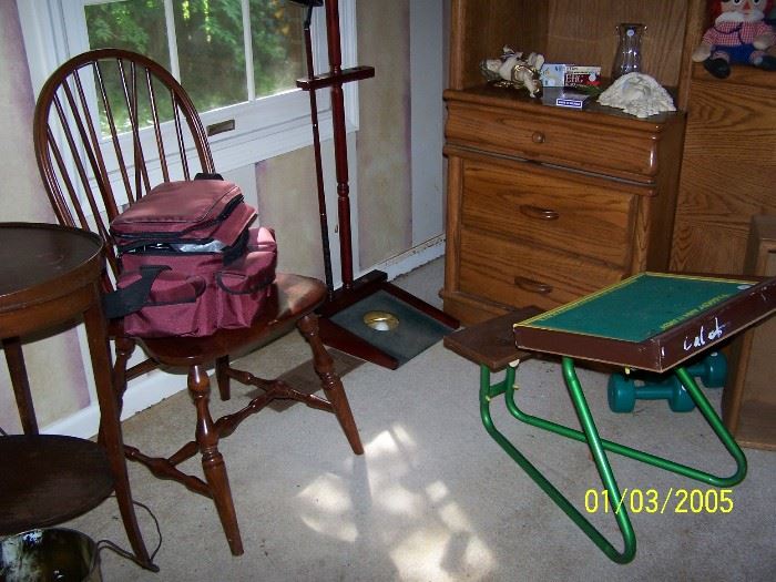 Chair, Movie Camera in Case,  Child's Desk, Golf Club  practice hole on Stand