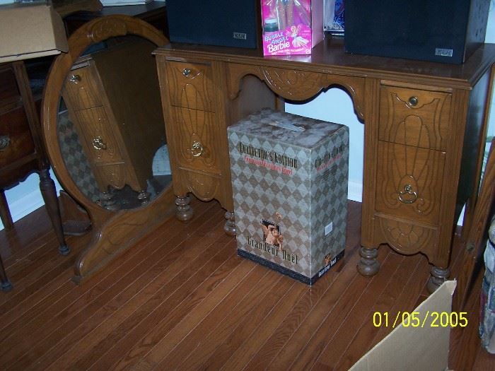 Doll in box, vintage Knee Hole Dresser with Mirror
