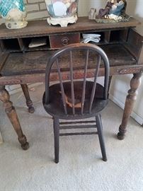 Very old wood small secretary desk and small wood chair