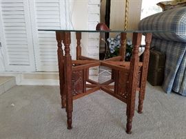 Vintage Glass top carved wood table