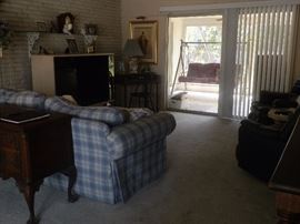 Plaid linen overstuffed sofa and 2 LCD tv's, plus wall tv bracket (not shown in pic)