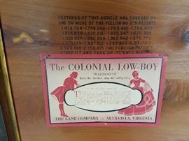 The "Colonial Low-Boy" Lane company original tag
