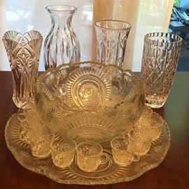  4 lead crystal bases, large punch bowl with tray and 48 glasses 