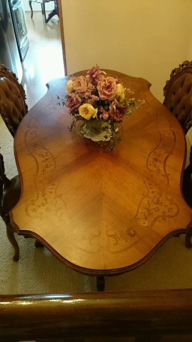 French Provincial Dining Room Chairs (4) accompany a Stunning French Provincial Inlay Dining Room Table with carved Legs & Base A MUST SEE TO BELIEVE 