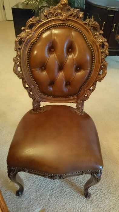 Walnut carved chairs with leather in flawless condition
