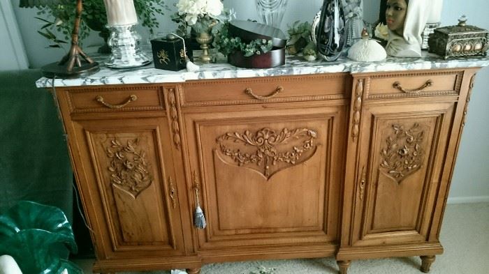 Antique Walnut Sideboard with White Italian Marble Top flawless condition