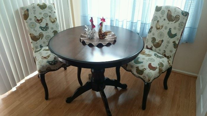 Rooster & Hen covered chairs (2) wood table 