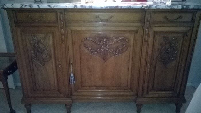 Antique Walnut Buffett with White Marble Top