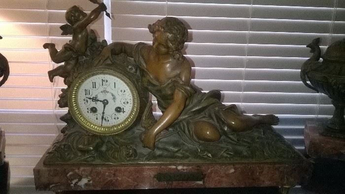Solid Brass & Marble Florentine Clock w/ 2-matching sconces  