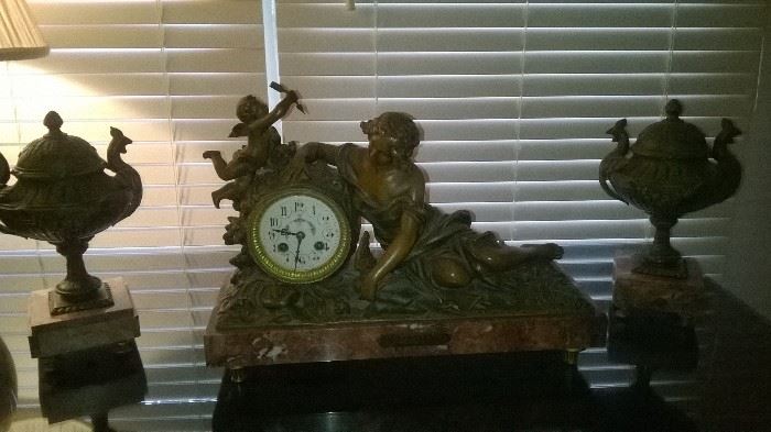 Stunning Solid Brass & Marble Florentine clock & 2 matching side pieces