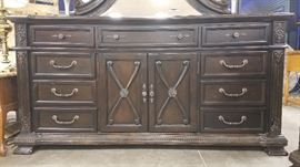 Large scale Ornate dresser, mirror, and 2 huge nightstands