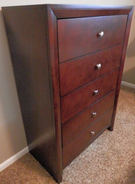 King Size Bedroom Set Including: Bed W/Mattress & Box Springs, 2 Night Stands, 9 Drawer Dress, 5 Drawer Chest, & 45”x36” Mirror