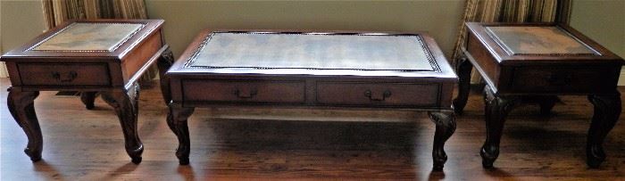 Leather Map Top Coffee Table w/2 Matching End Tables