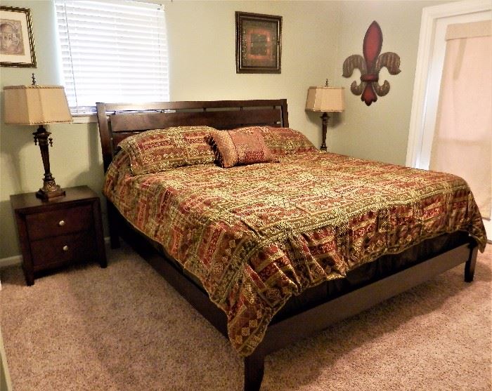 King Size Bedroom Set Including: Bed W/Mattress & Box Springs, 2 Night Stands, 9 Drawer Dress, 5 Drawer Chest, & 45”x36” Mirror