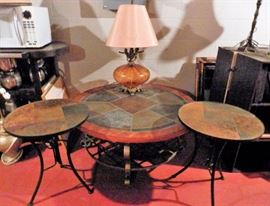 42” Round Iron & Slate Occasional Table w/2 19 ½” End Tables