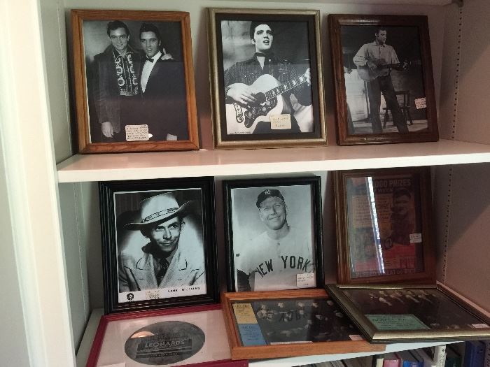 Elvis, Johnny Cash, Hank Williams, Mickey Mantle vintage prints, other antique prints.
