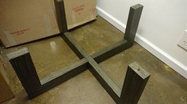 mid century coffee table with this zebra wood-like base and heavy glass top (too heavy for us to put on the base)