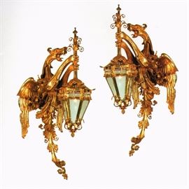 Gilt over Bronze Gryphon Sconces with Carriage Lamps, over 6 ft tall